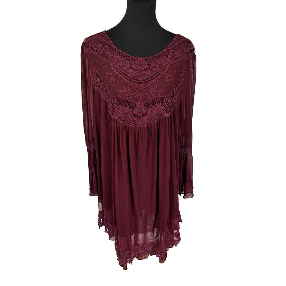 Womens Burgundy Tunic Dress Crochet Bib 1X Andree by Unit Witchy Fairy Layered